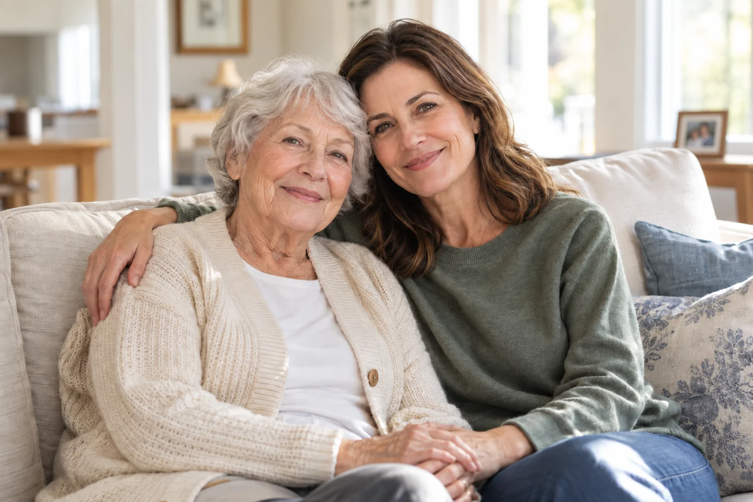 Senior parent and family member sitting together at home