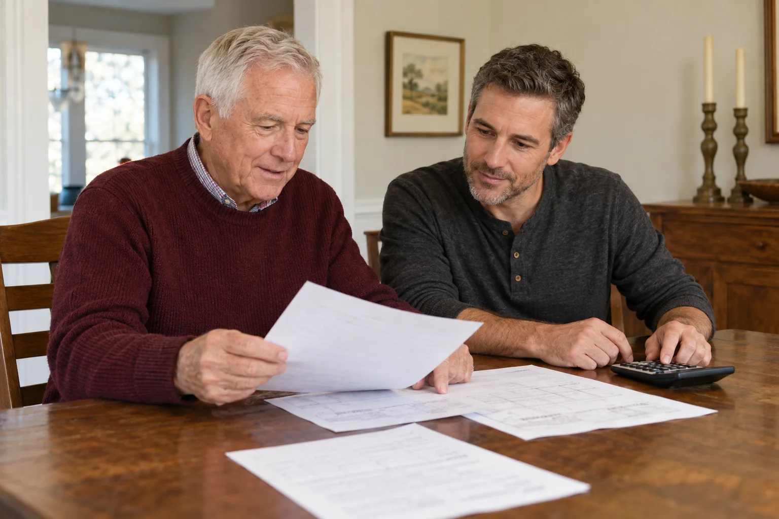 Adult son and senior father reviewing home modification costs at the table