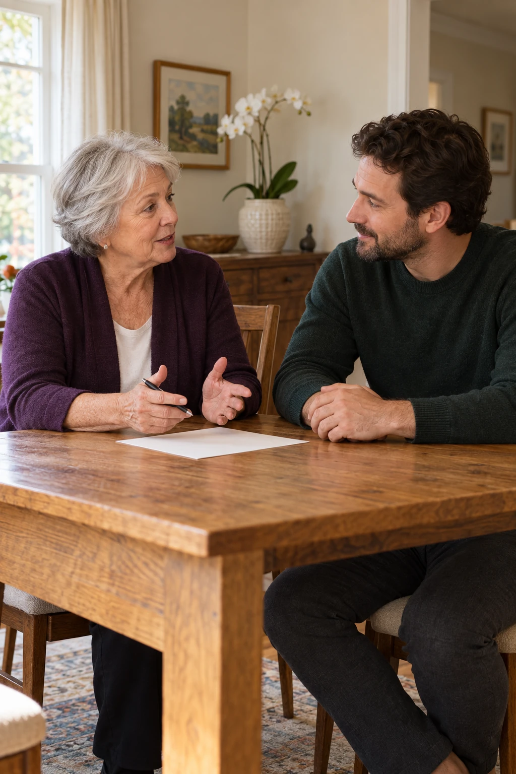 Aging in place conversation between a senior mother and her adult son in the kitchen