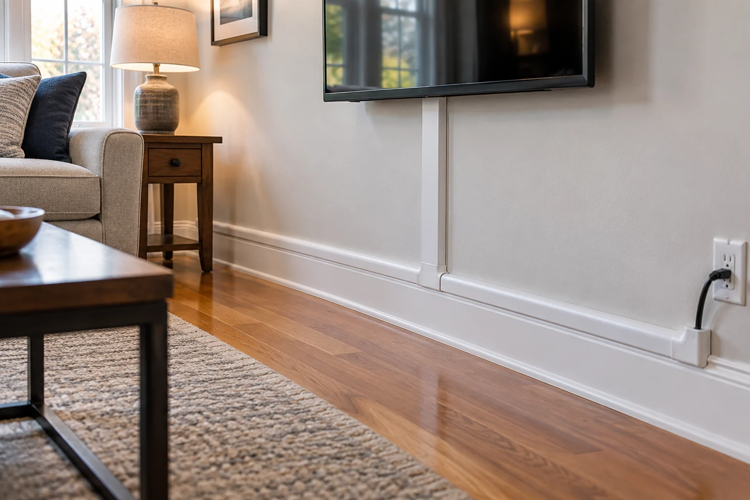 Television power cable routed in paintable wall covers above a clear living-room floor