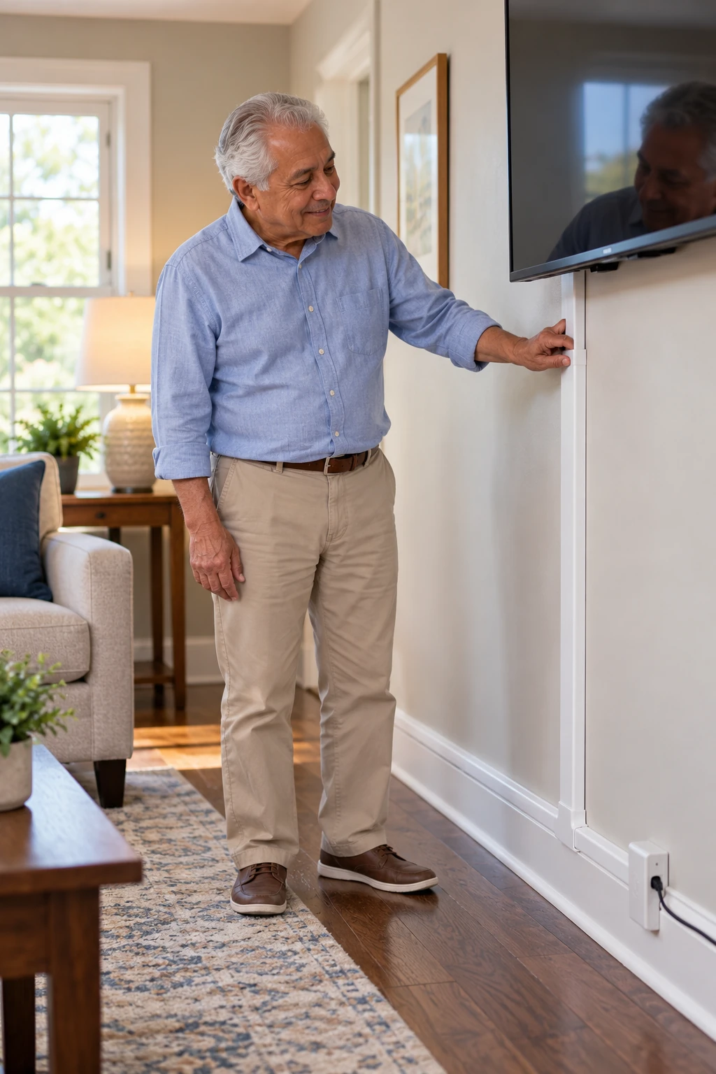 Older man beside a wall-mounted television checking neatly covered cords routed down the wall and along the baseboard