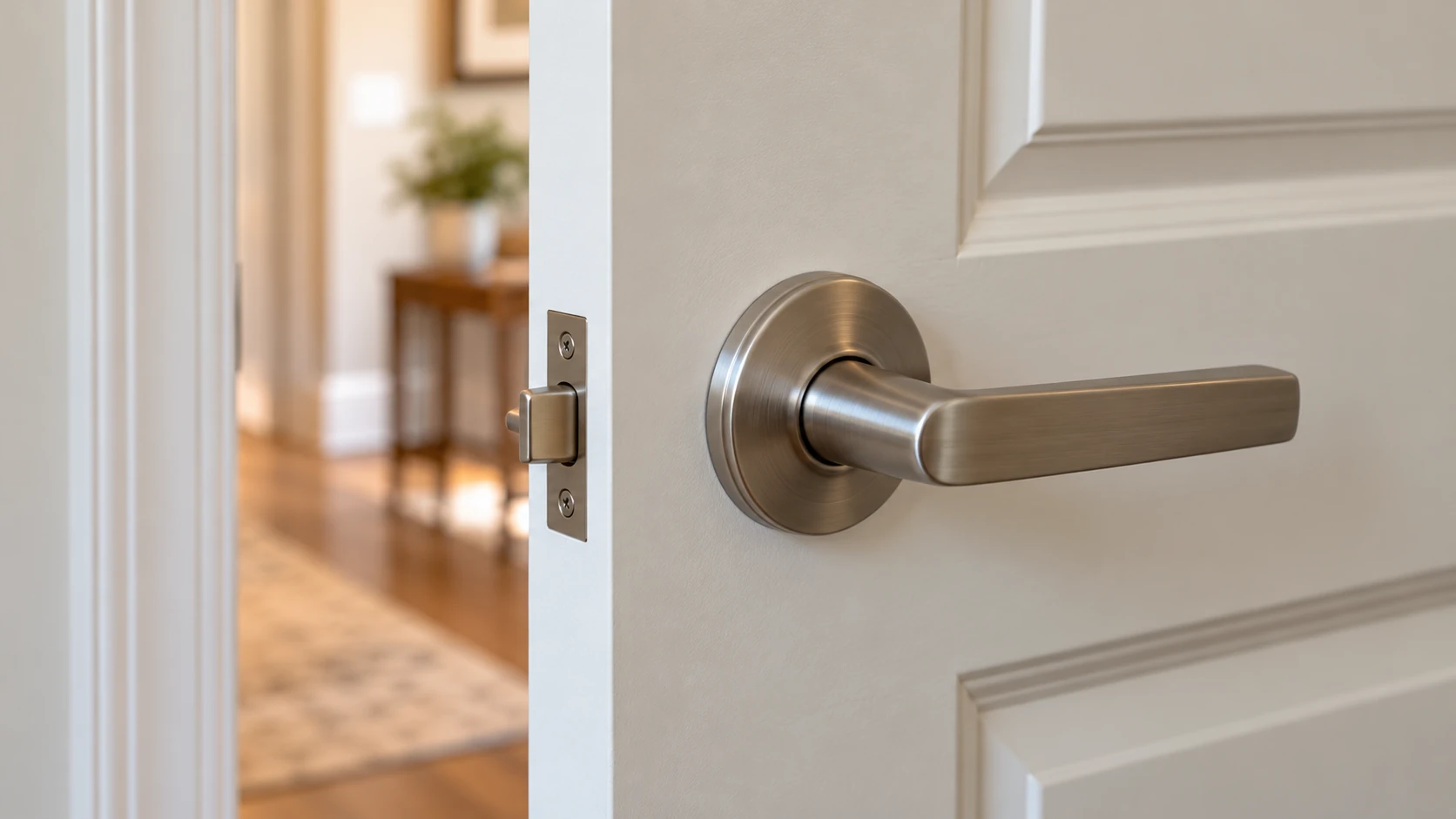 Close view of a satin-nickel interior lever handle on a white paneled door