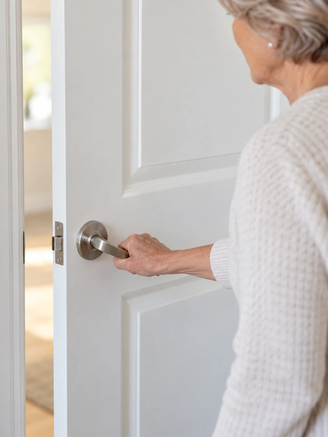 Older woman opening a white interior door with a satin-nickel easy-grip lever handle