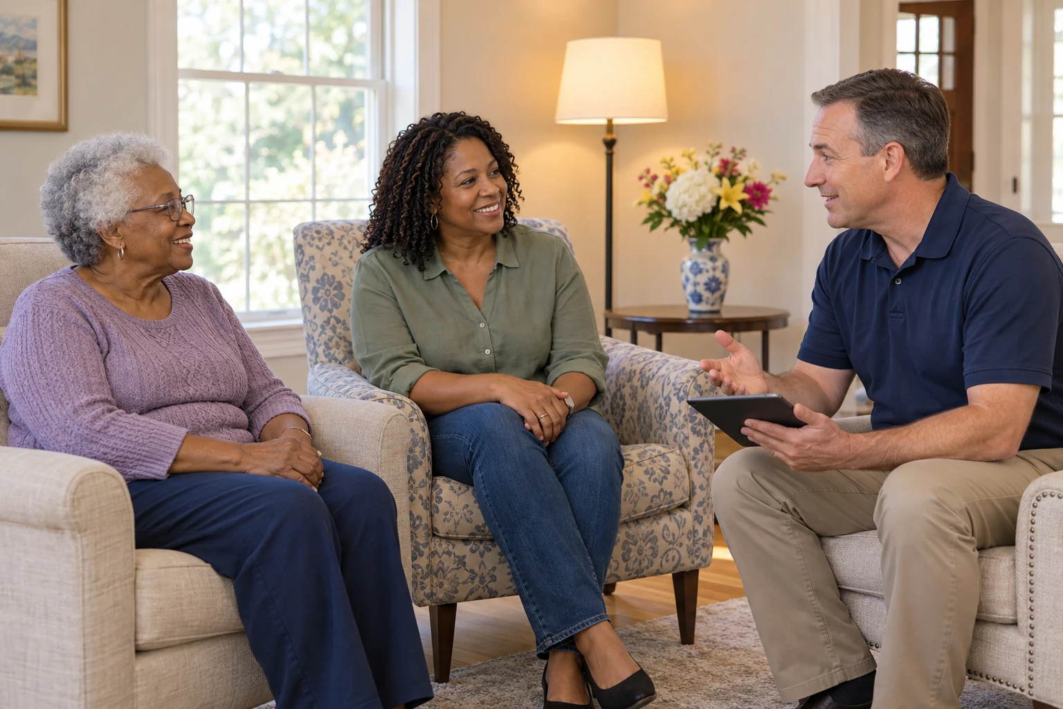 Senior homeowner and adult daughter reviewing a tablet with a home safety specialist