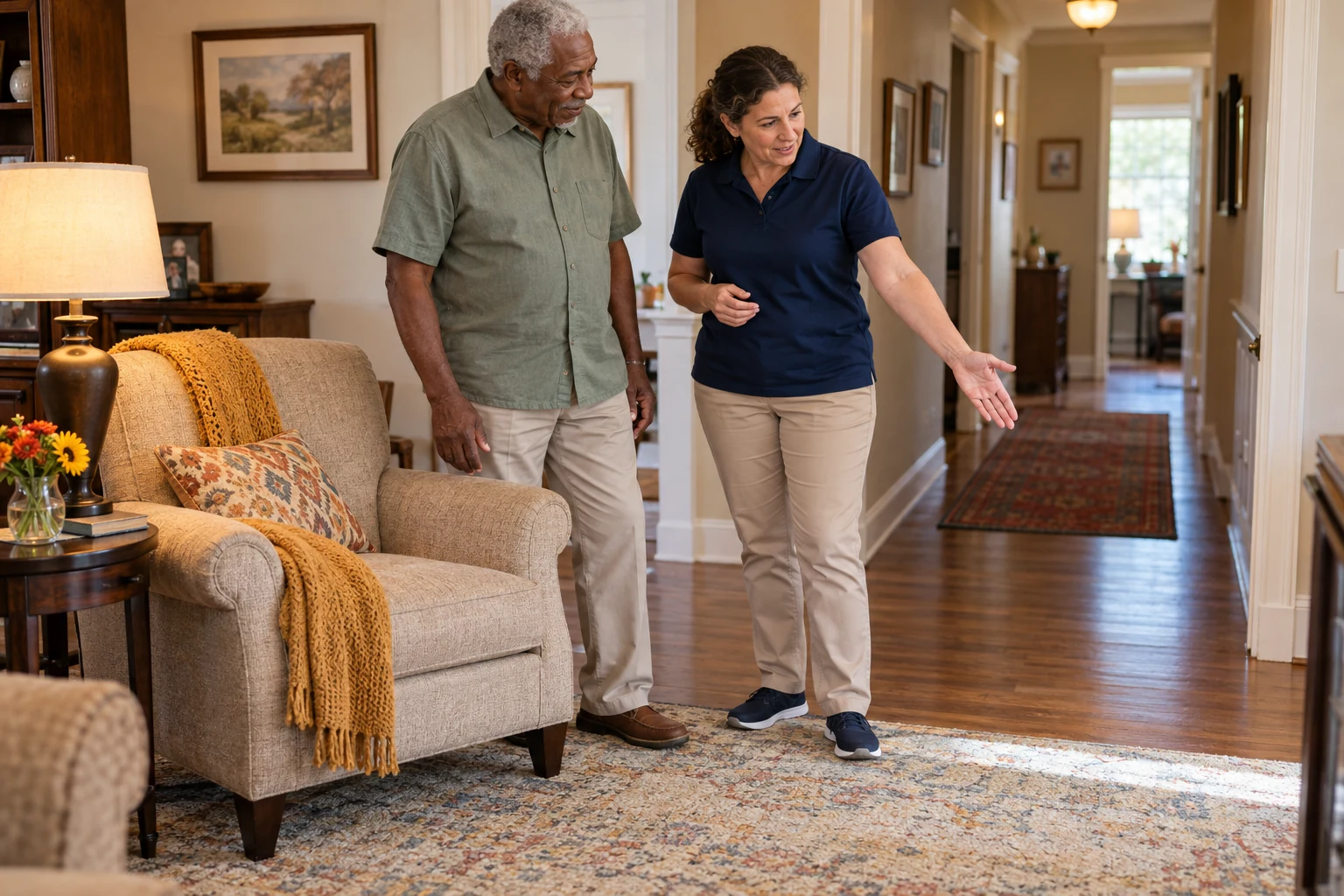 Home safety consultation about an older adult walking route beside a living room rug