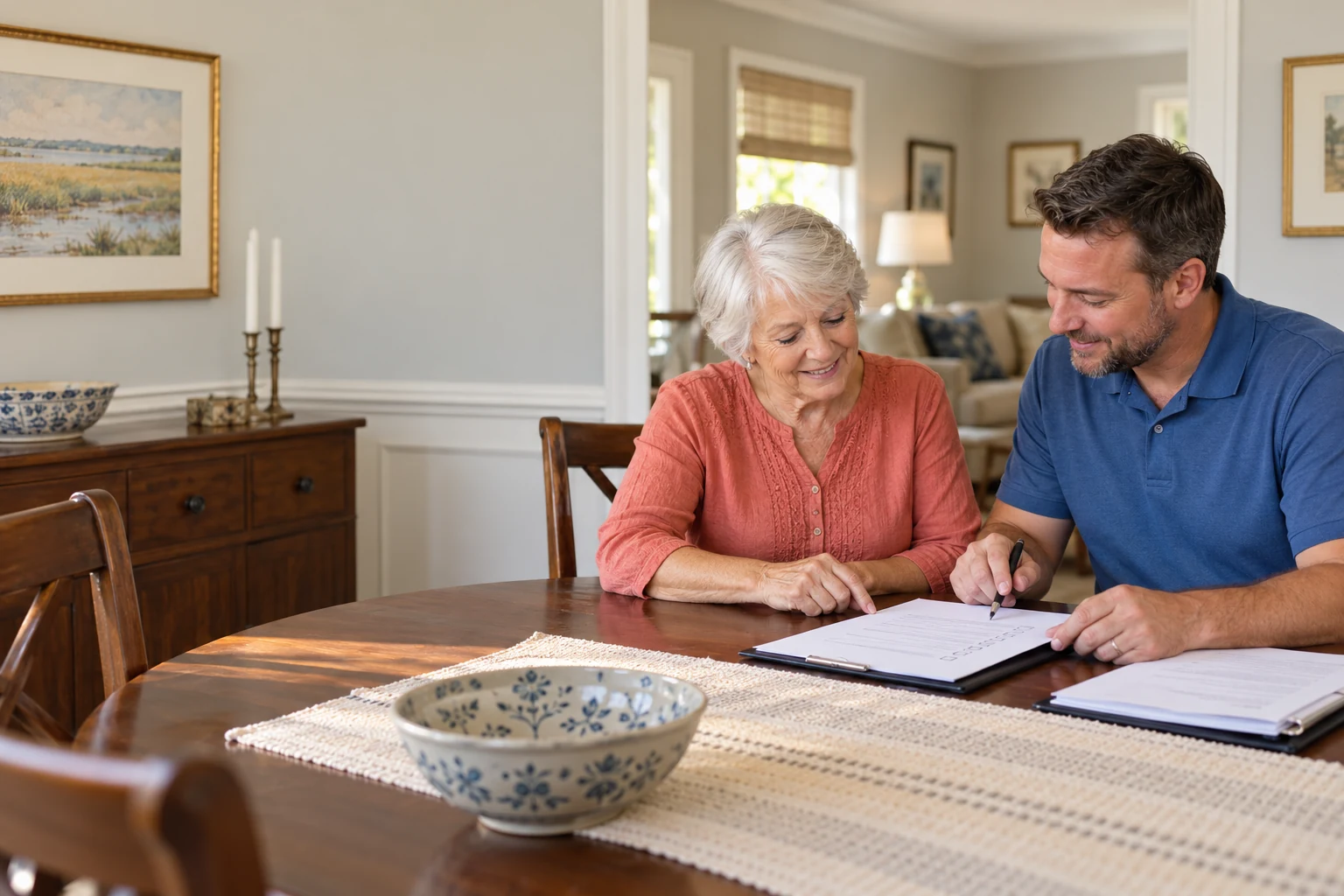 Senior homeowner and safety representative going over a written checklist