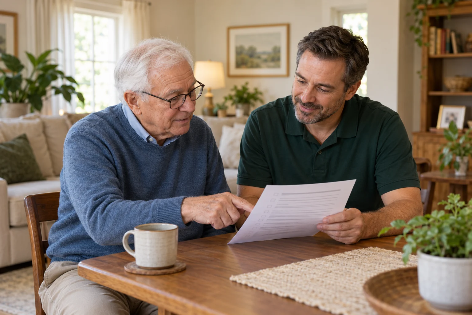 Senior homeowner reviewing a home safety checklist with a professional