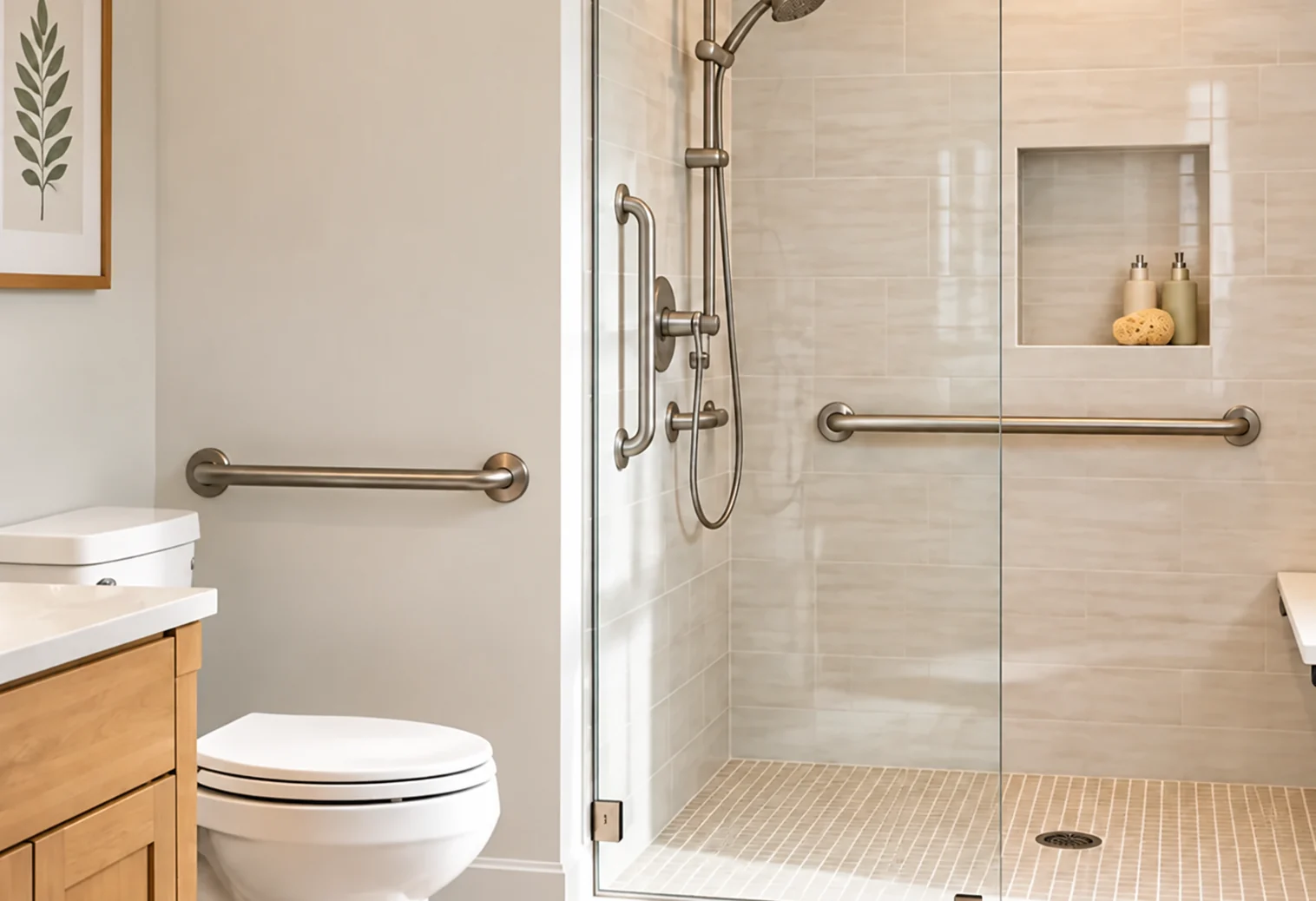 Fixed grab bars beside a toilet and on a tiled shower wall