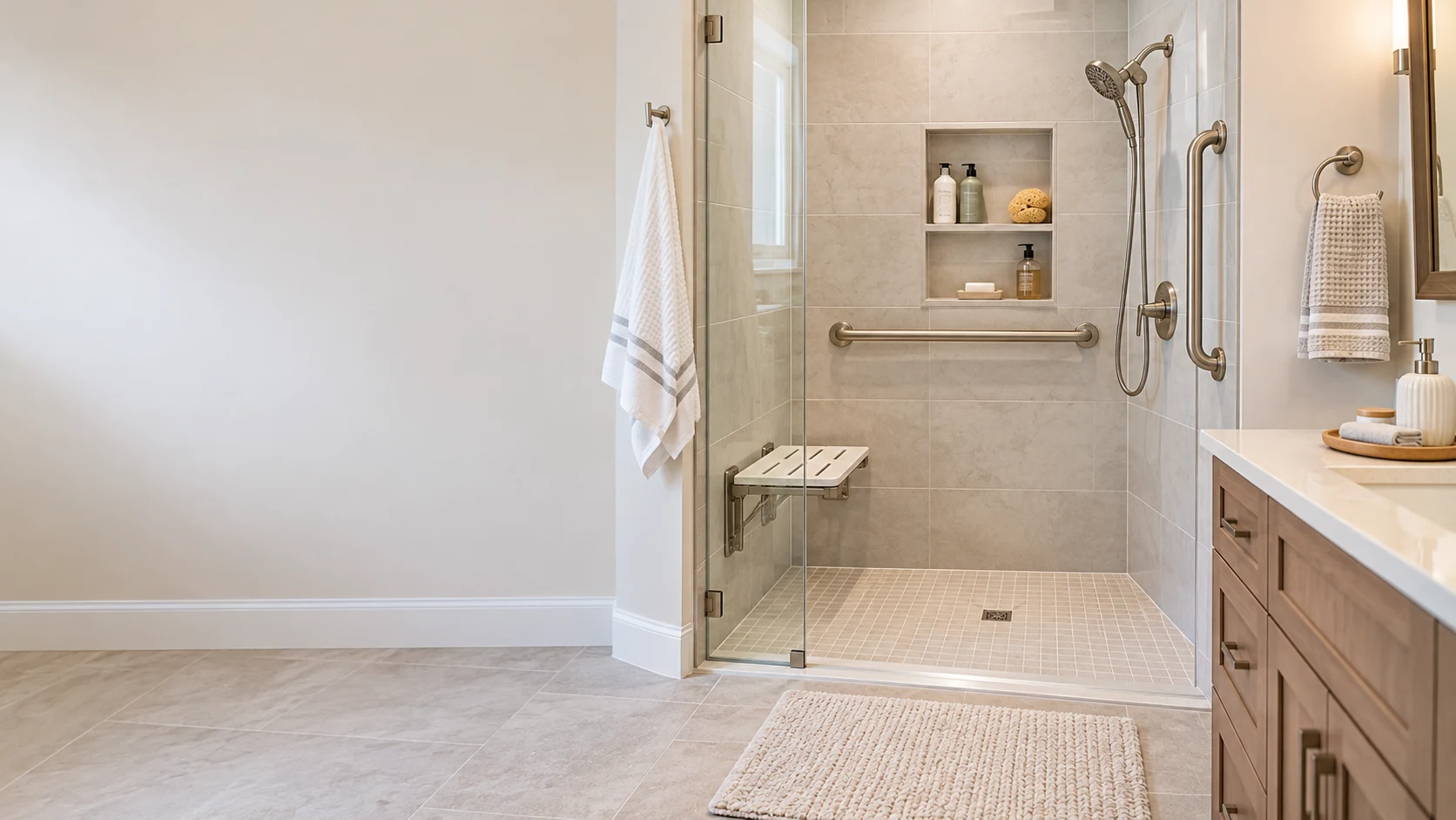 Bathroom shower with fixed grab bars, a fold-down seat and a handheld showerhead