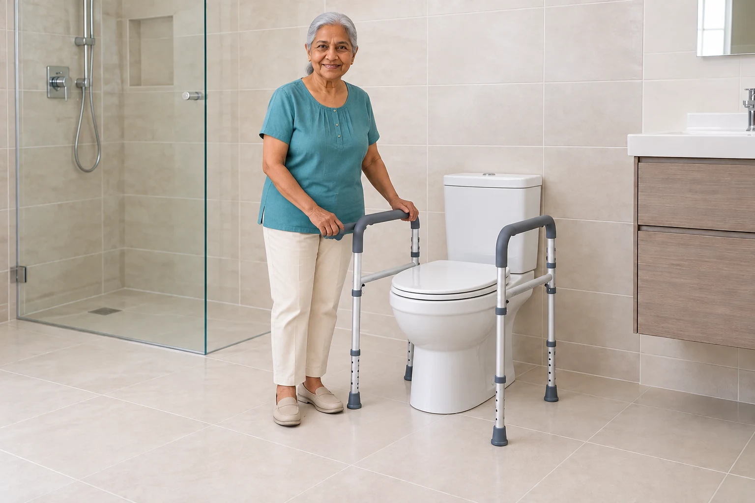 Older woman resting her hands on a freestanding toilet safety frame.