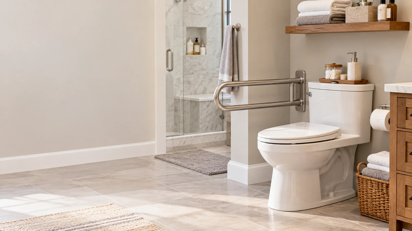Bathroom toilet with a fixed support rail beside it and a shower in the background