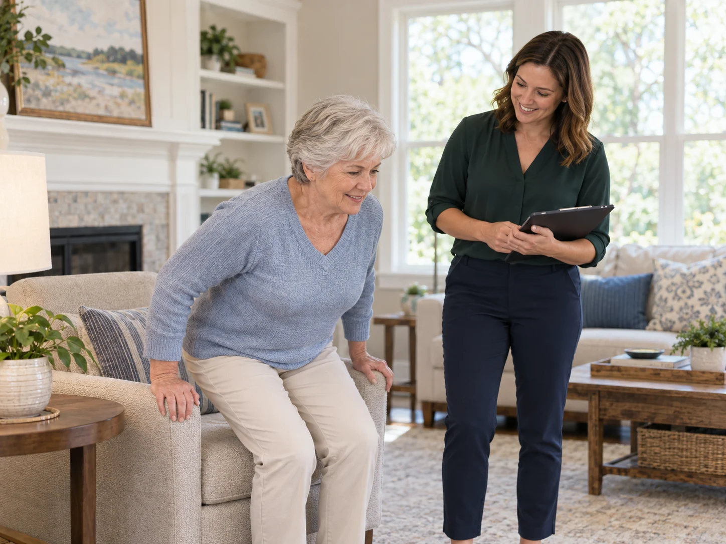 Older adult rising from an armchair as a professional observes with a tablet