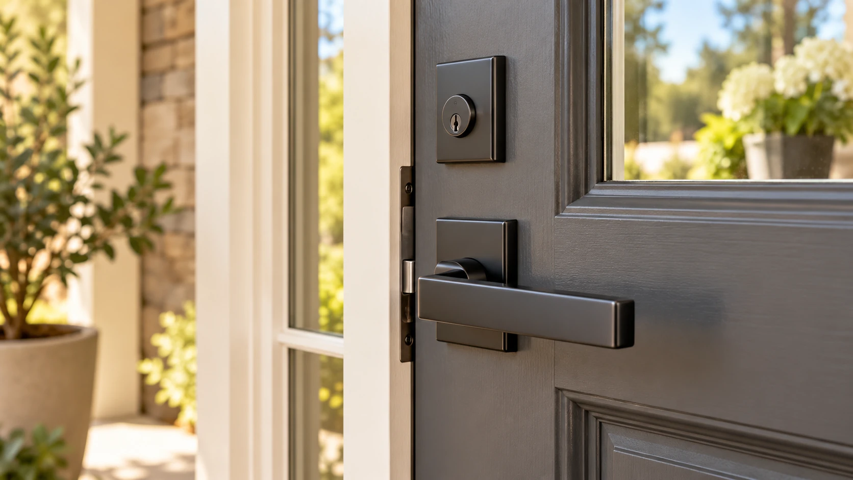 Close view of an entry door with a black lever handle and deadbolt