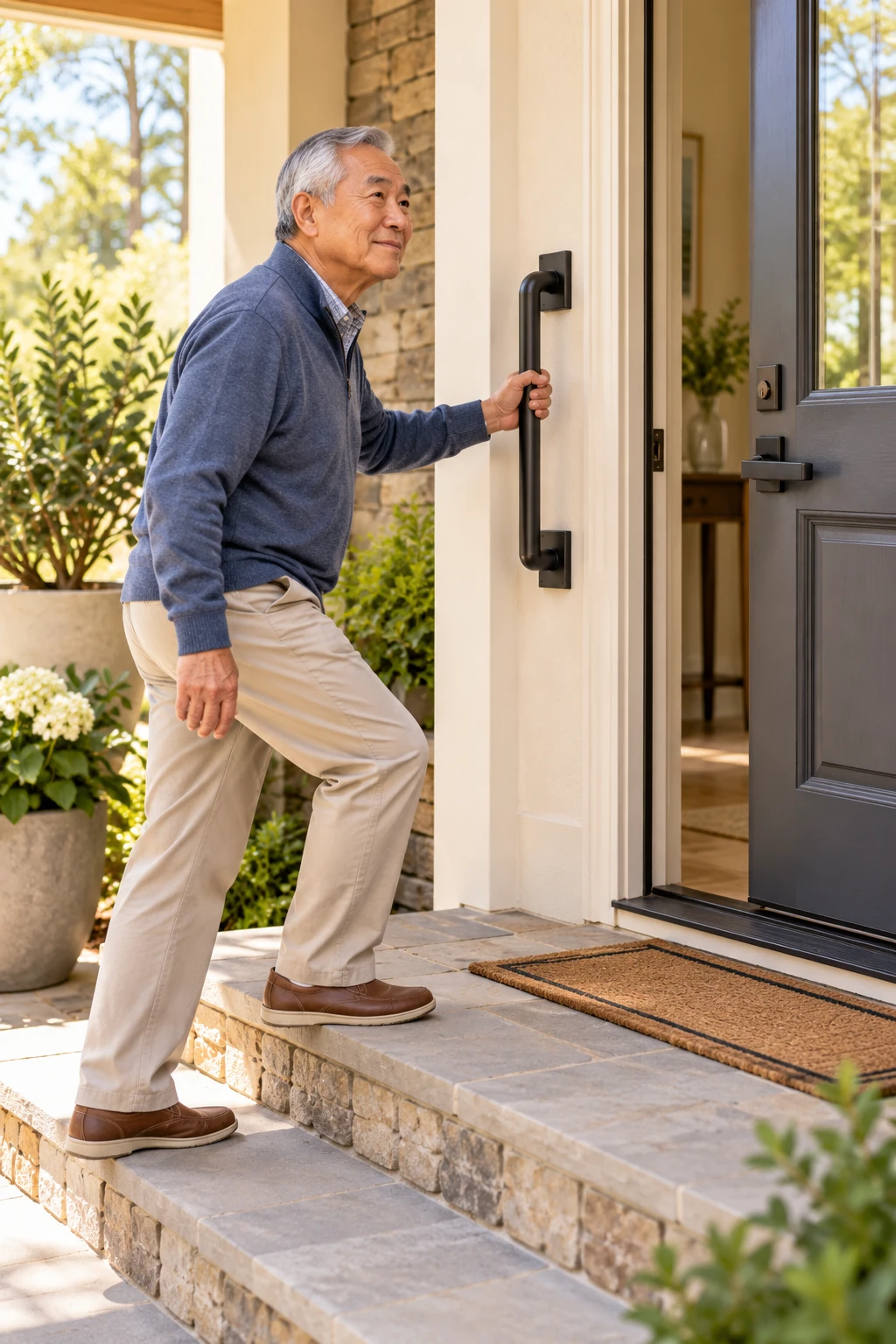 Older man stepping onto a front entrance step while holding a secure support bar