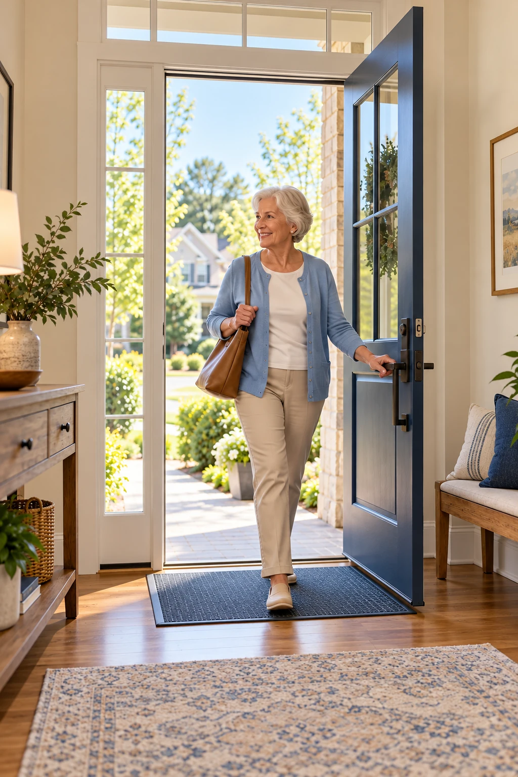 Older woman entering her home through an open front door using an easy-turn lever handle