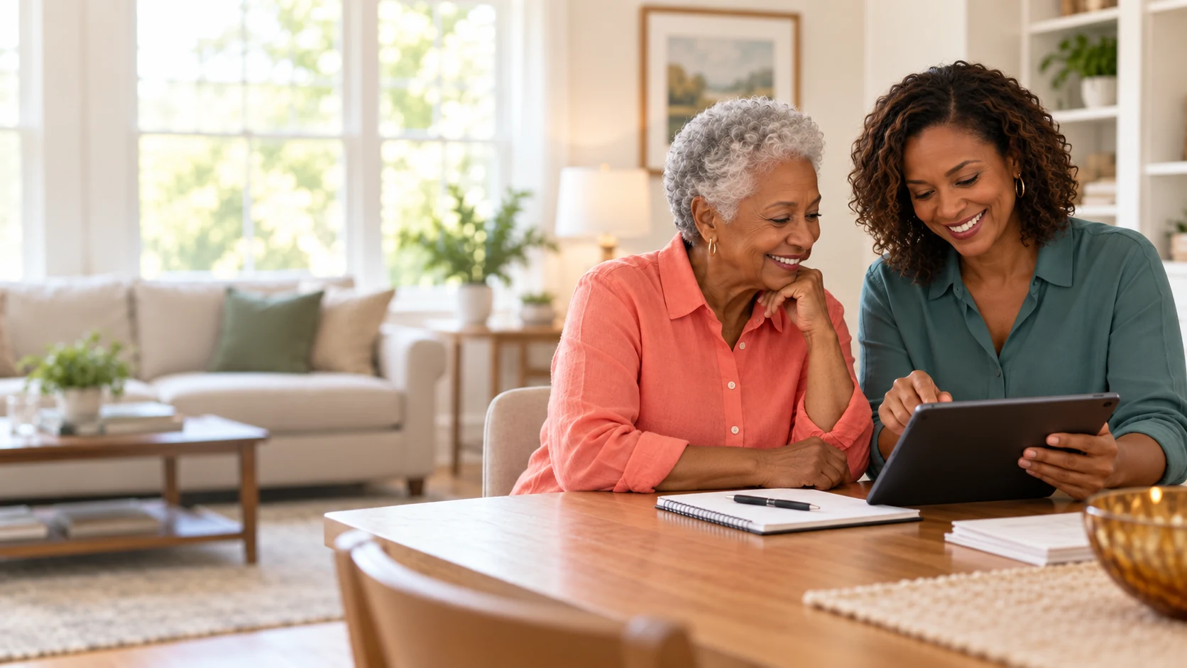 Senior parent and adult daughter reviewing a tablet together at home
