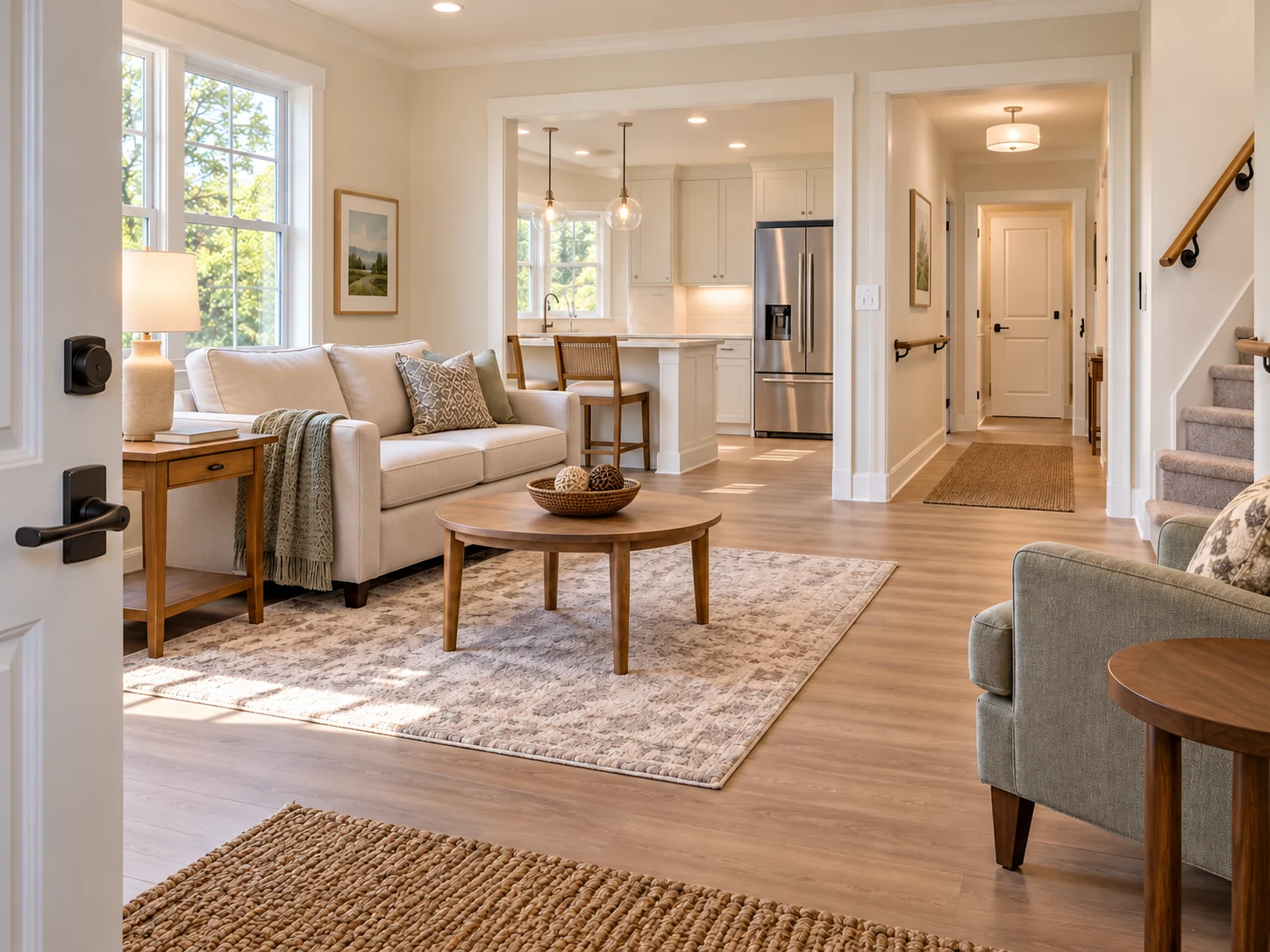 Living room with a clear route to the kitchen, entry hall and staircase