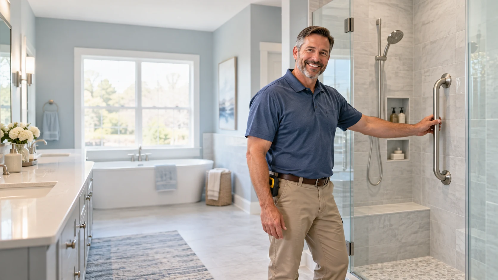 Home safety professional beside a fixed shower grab bar in a bright, spacious bathroom