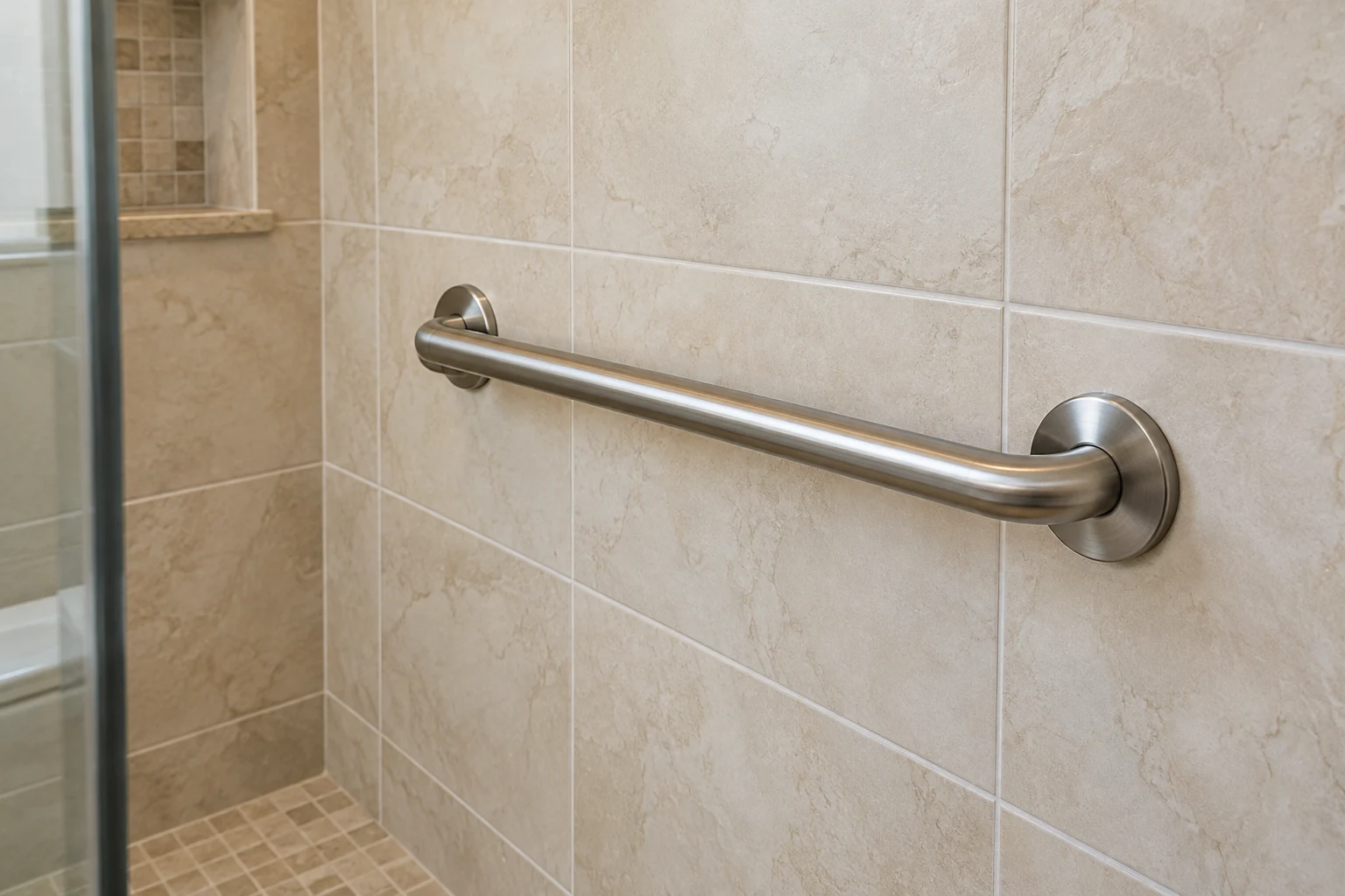 Fixed stainless steel grab bar mounted on a tiled shower wall
