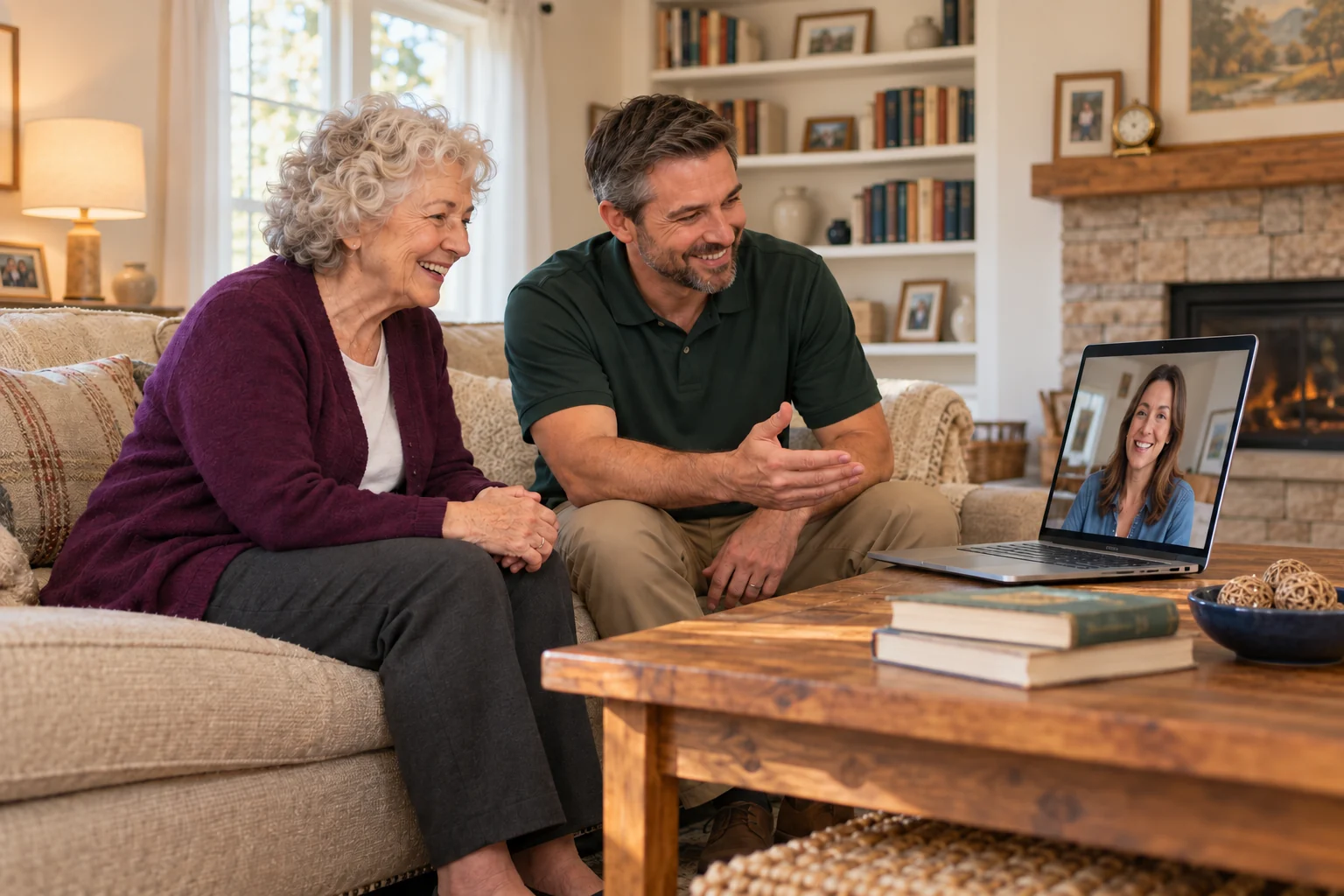 Senior homeowner and consultant including a family member by video call
