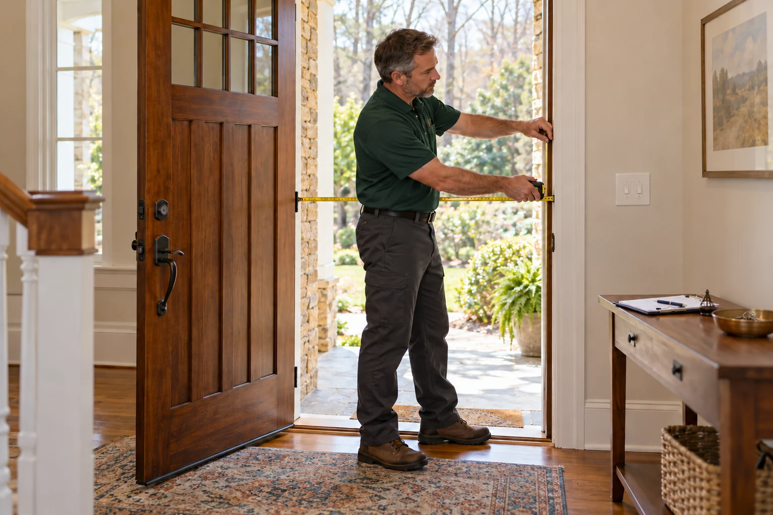 Home safety professional measuring an open doorway while holding a tablet
