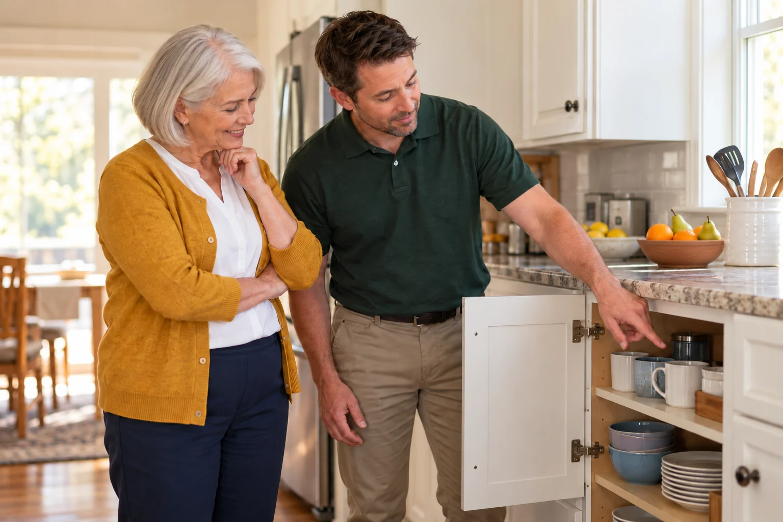 Senior homeowner reviewing kitchen cabinet access with a safety specialist