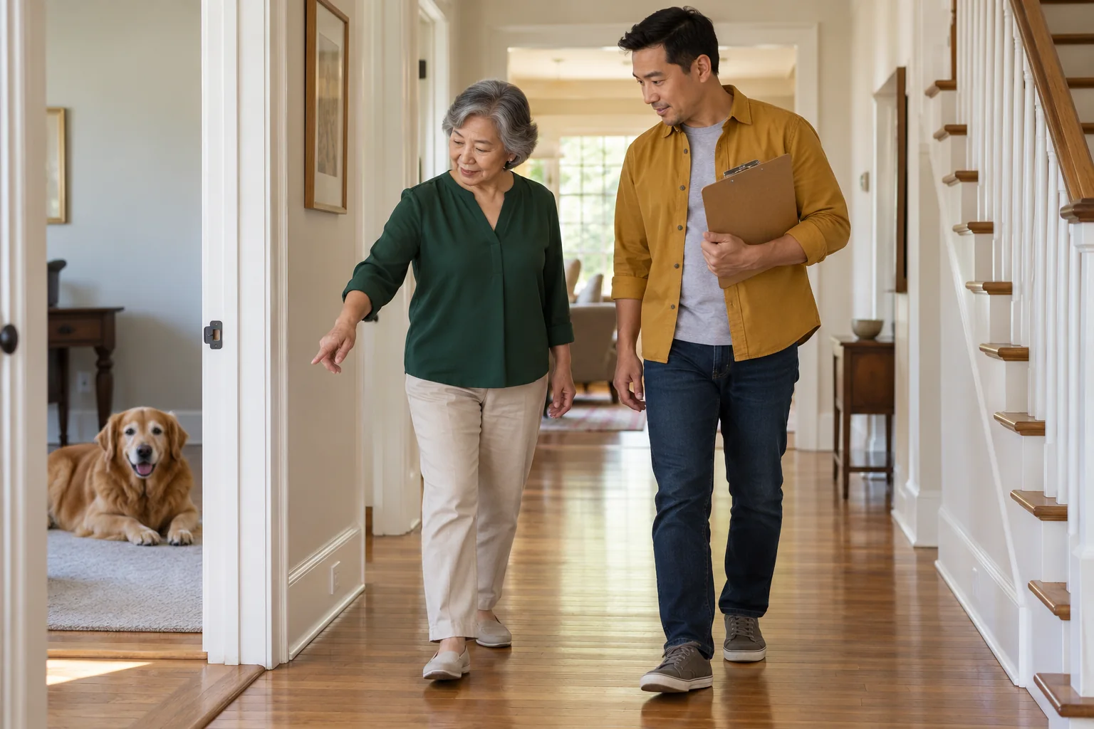 Older woman and a family member reviewing a clear hallway with a dog resting in a nearby room