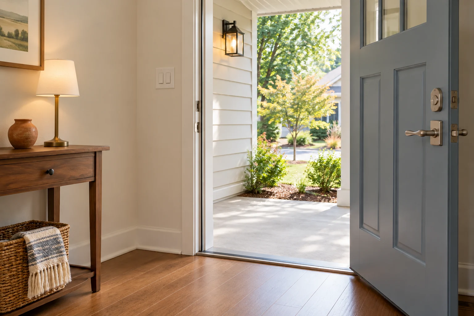 Open front door with a lever handle and a low threshold leading into a clear hallway