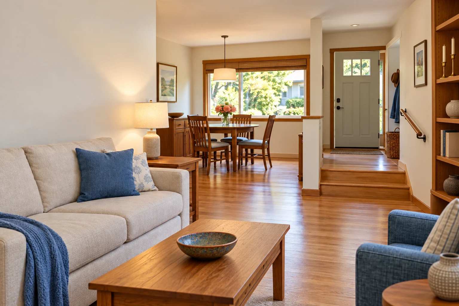 Living room with open walking routes to the dining area and front entrance