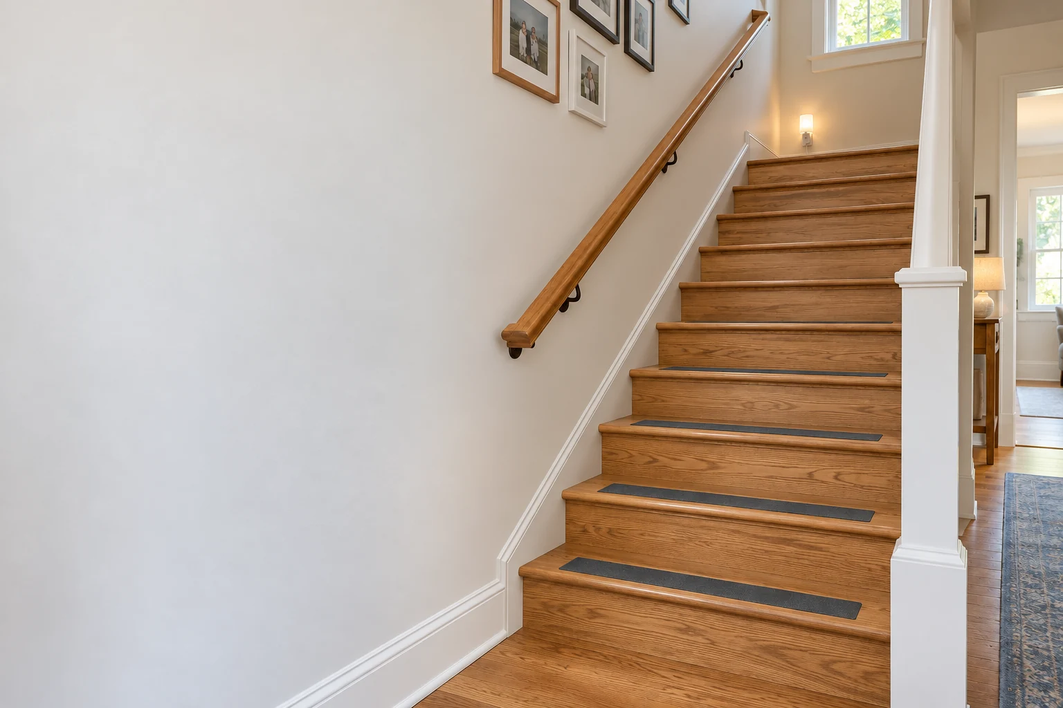 Wood staircase with a handrail, tread traction strips and a light near the landing