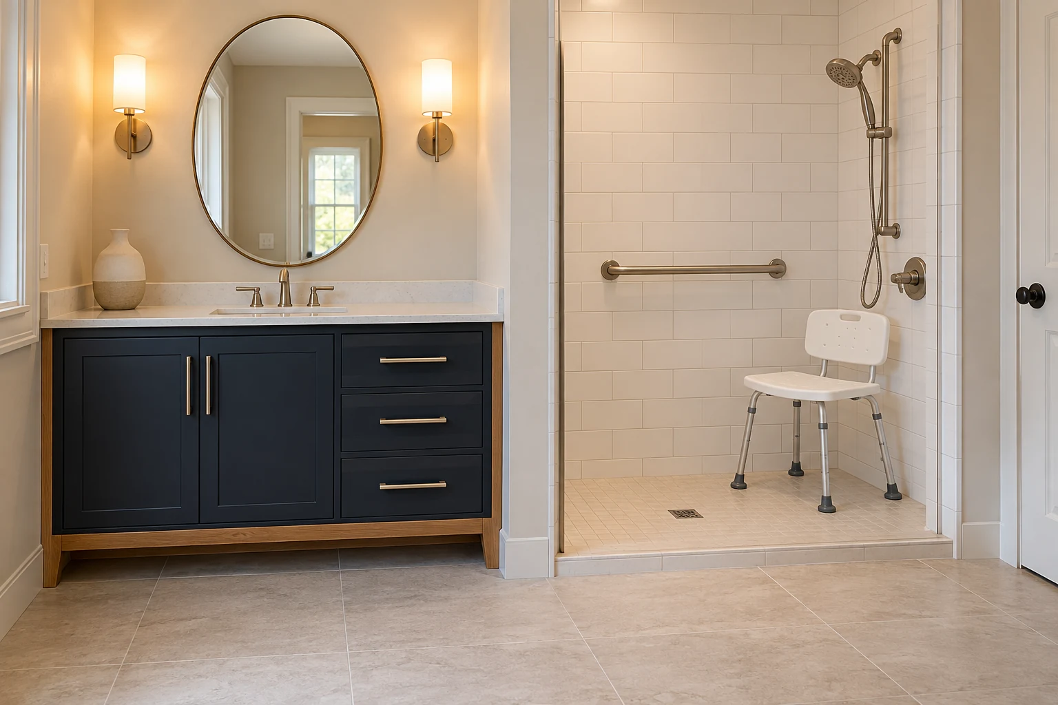 Bathroom with a vanity, grab bars and a wall-mounted shower seat