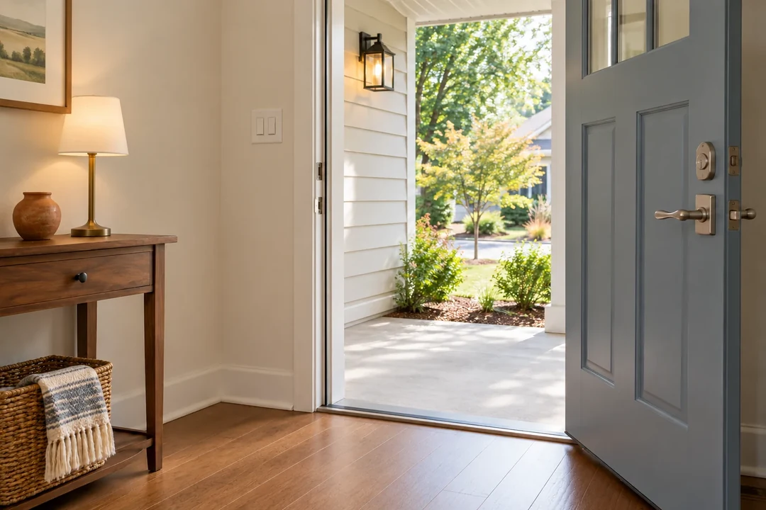 Open front door with an easy-grip lever and a low threshold leading into a clear entryway