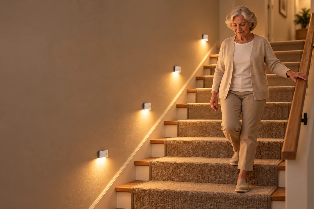 Illuminated indoor staircase showing step lighting and a clear handrail