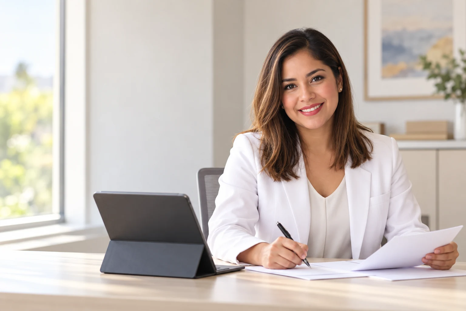 Female professional seated at an office desk with a tablet and paperwork