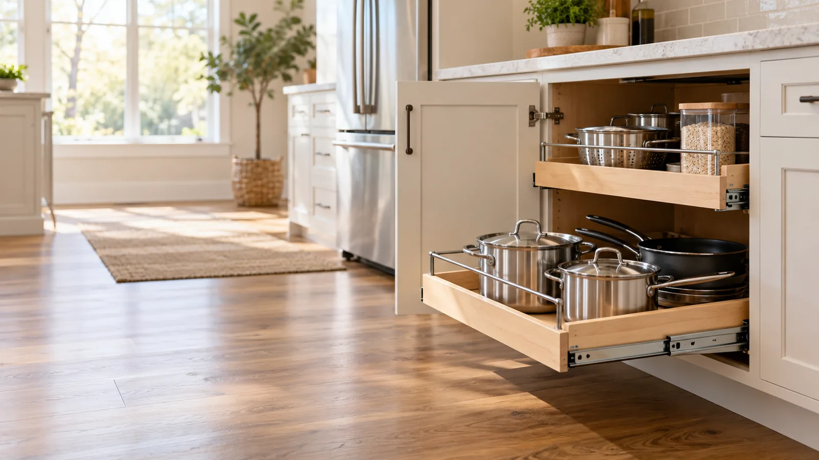 Bright kitchen with two lower-cabinet pull-out shelves extended for easier access to pots and pans