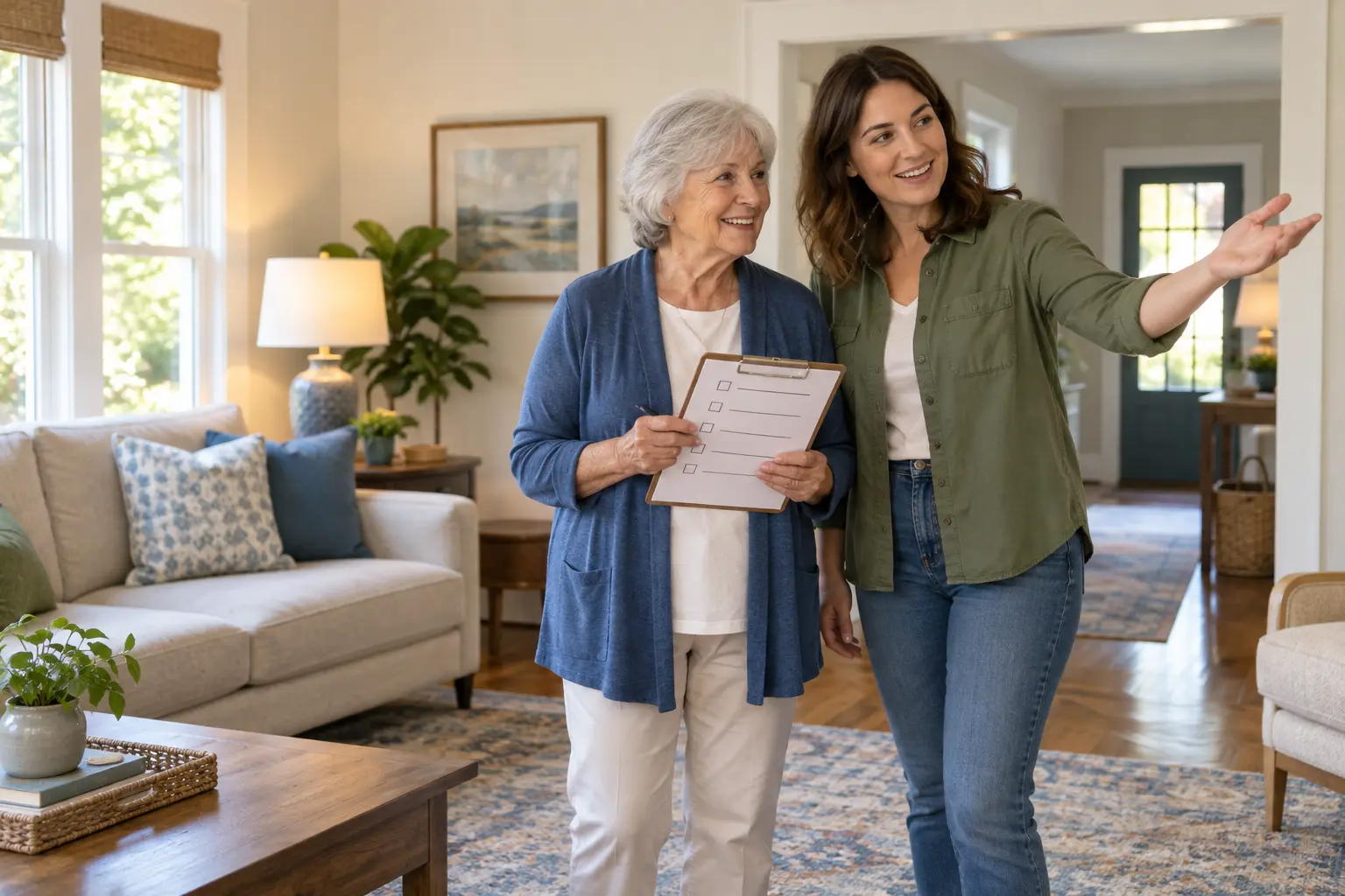 Older woman holding a printed home safety checklist while her daughter points toward the hallway