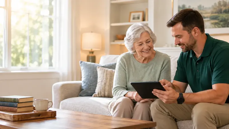 Older woman and a home safety professional discussing a tablet together on a sofa