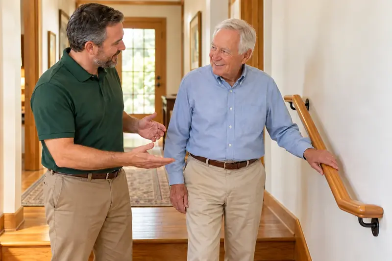 Older man holding a wall-mounted handrail while discussing it with a home safety professional