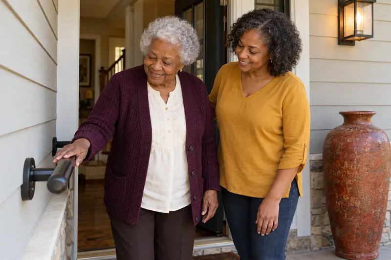 Senior homeowner using an entrance handrail with her adult daughter nearby