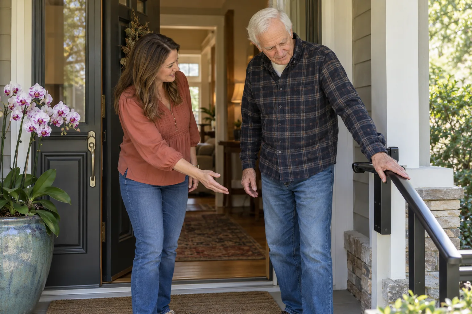 Senior father and adult daughter reviewing a handrail at the front steps
