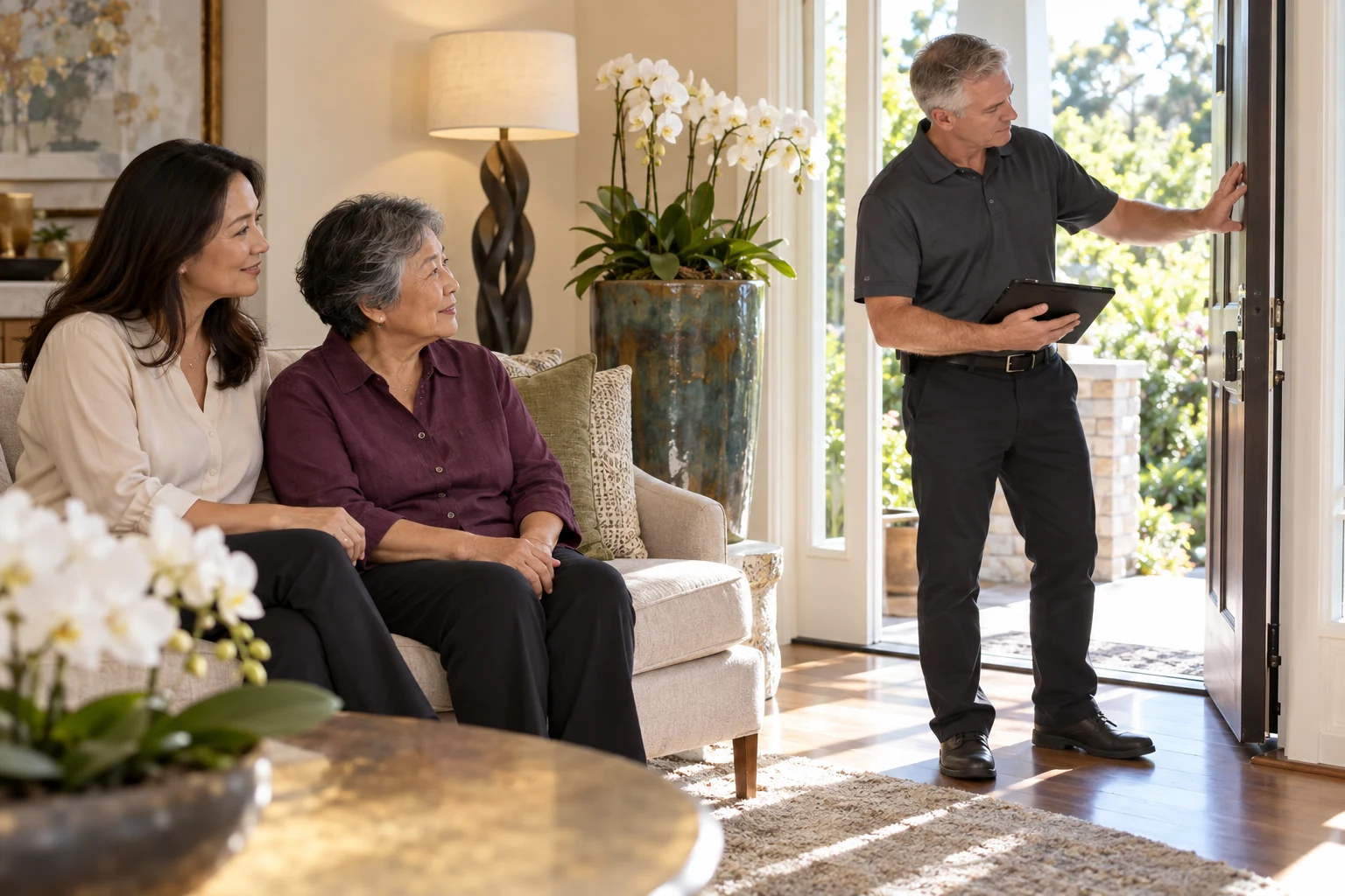 Older woman and her adult daughter watching a home safety professional review the open entrance
