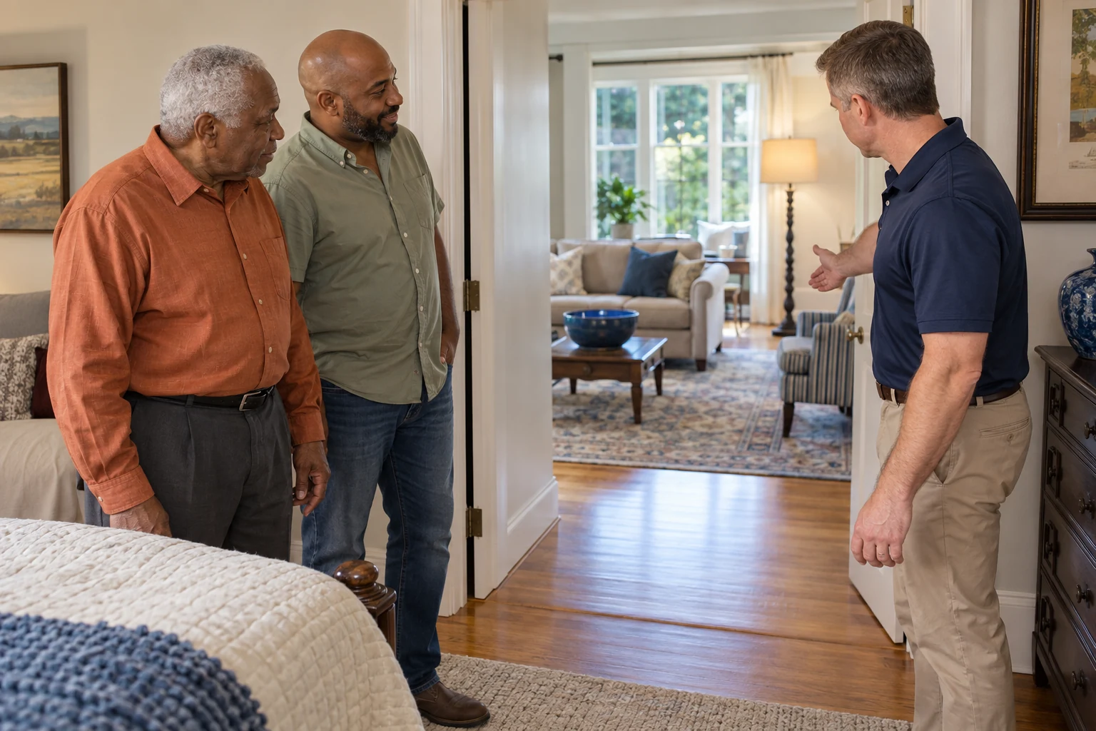 Older man and a family member reviewing a clear living-room route with a home safety professional