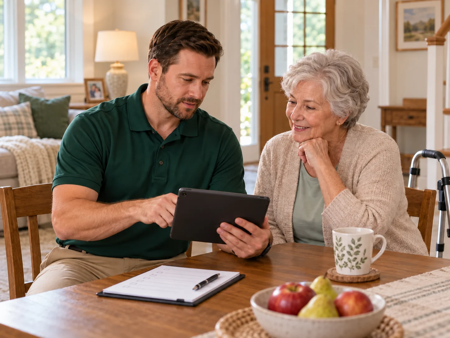 Older woman and a home safety professional reviewing a tablet beside paperwork on her dining table