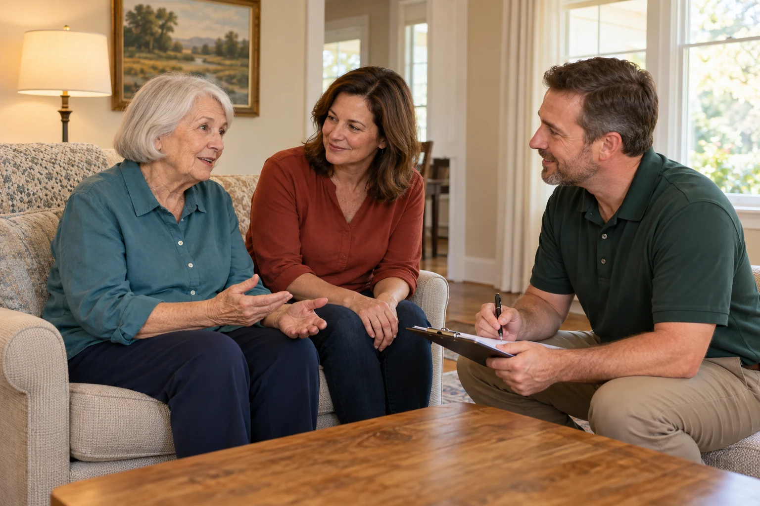 Adult daughter and senior mother in a home safety conversation with a representative