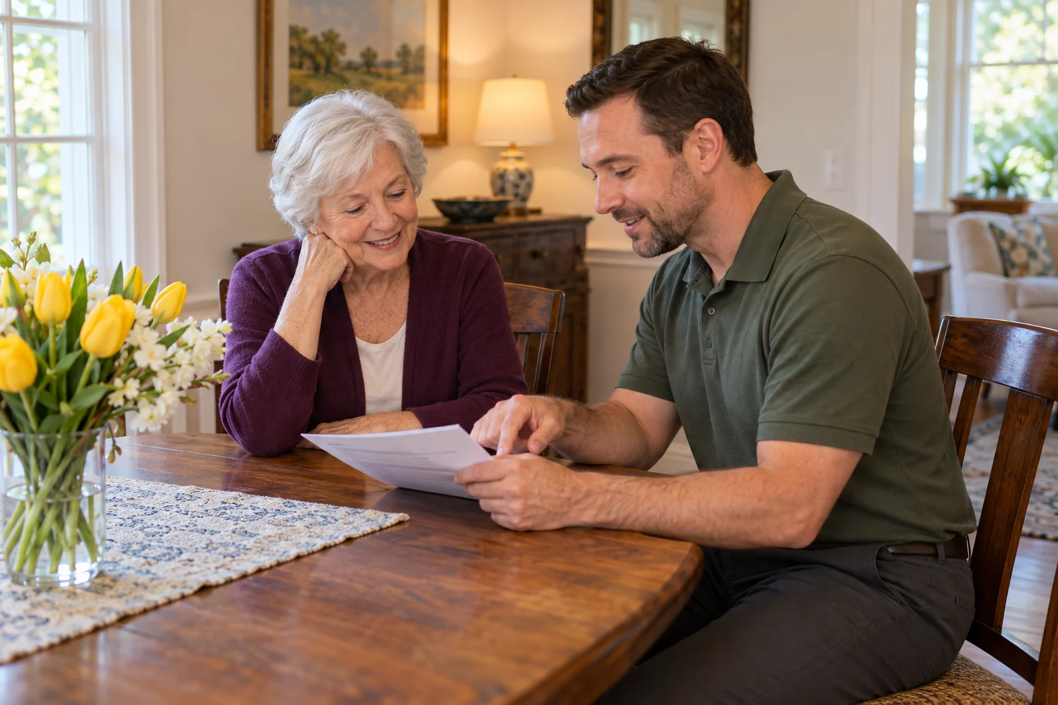 Older woman and a home safety professional reviewing printed plans beside fresh flowers at a table