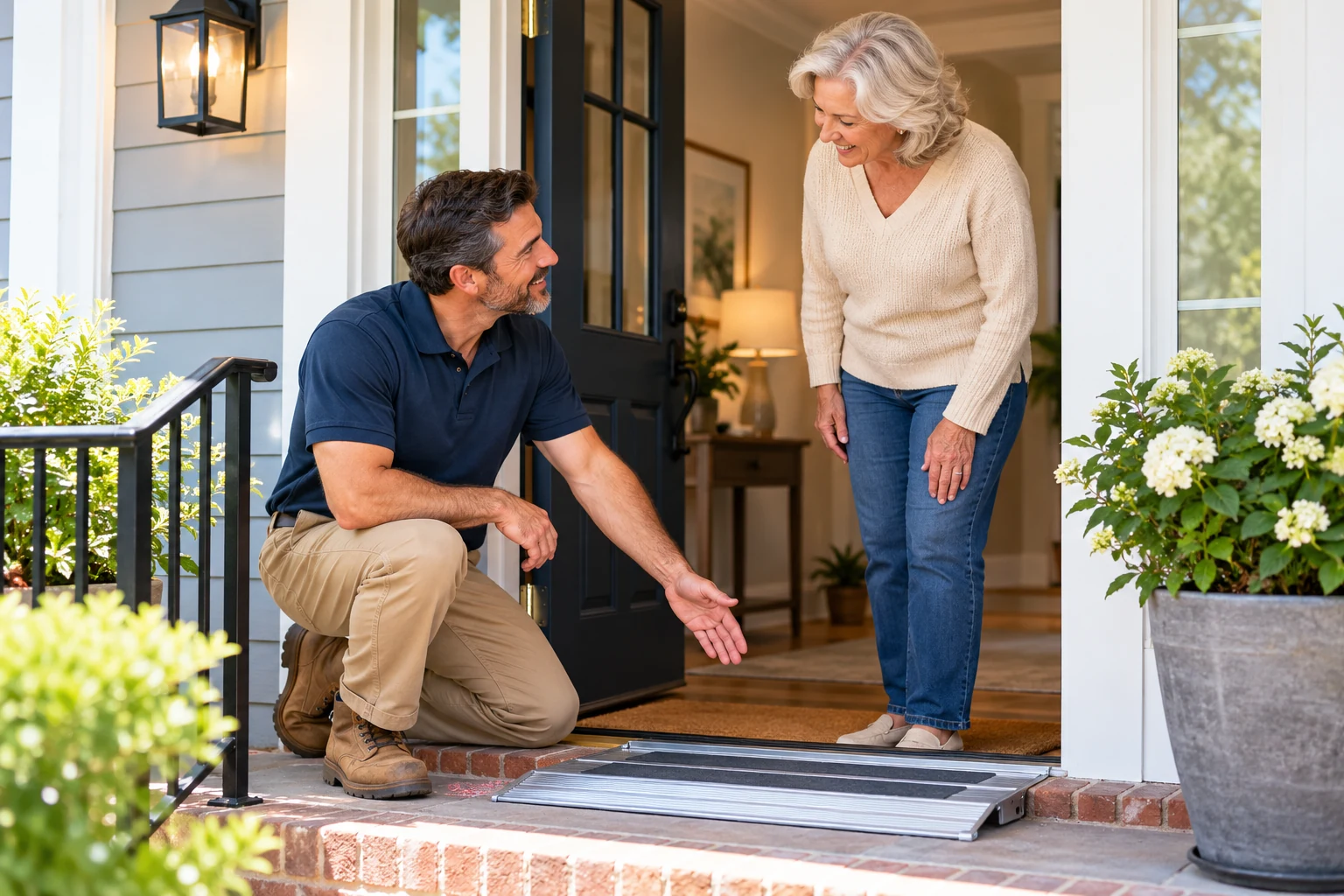 Home safety representative discussing a small front-door threshold ramp with a senior homeowner