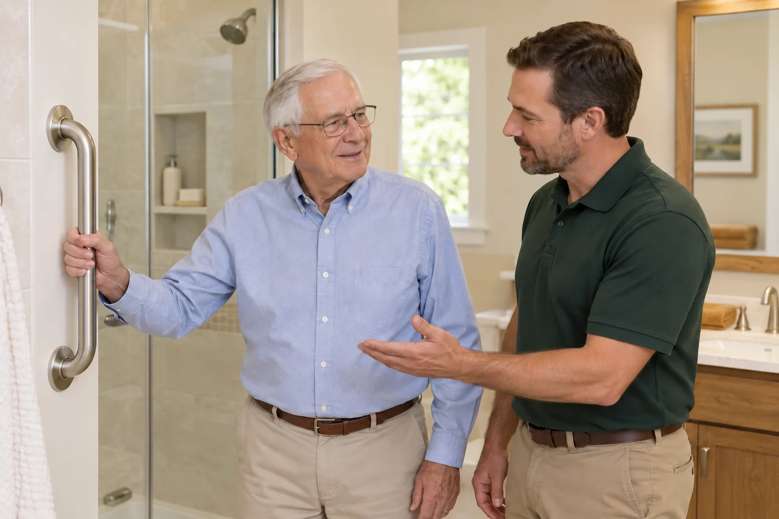 Older man holding a shower grab bar while discussing it with a home safety professional