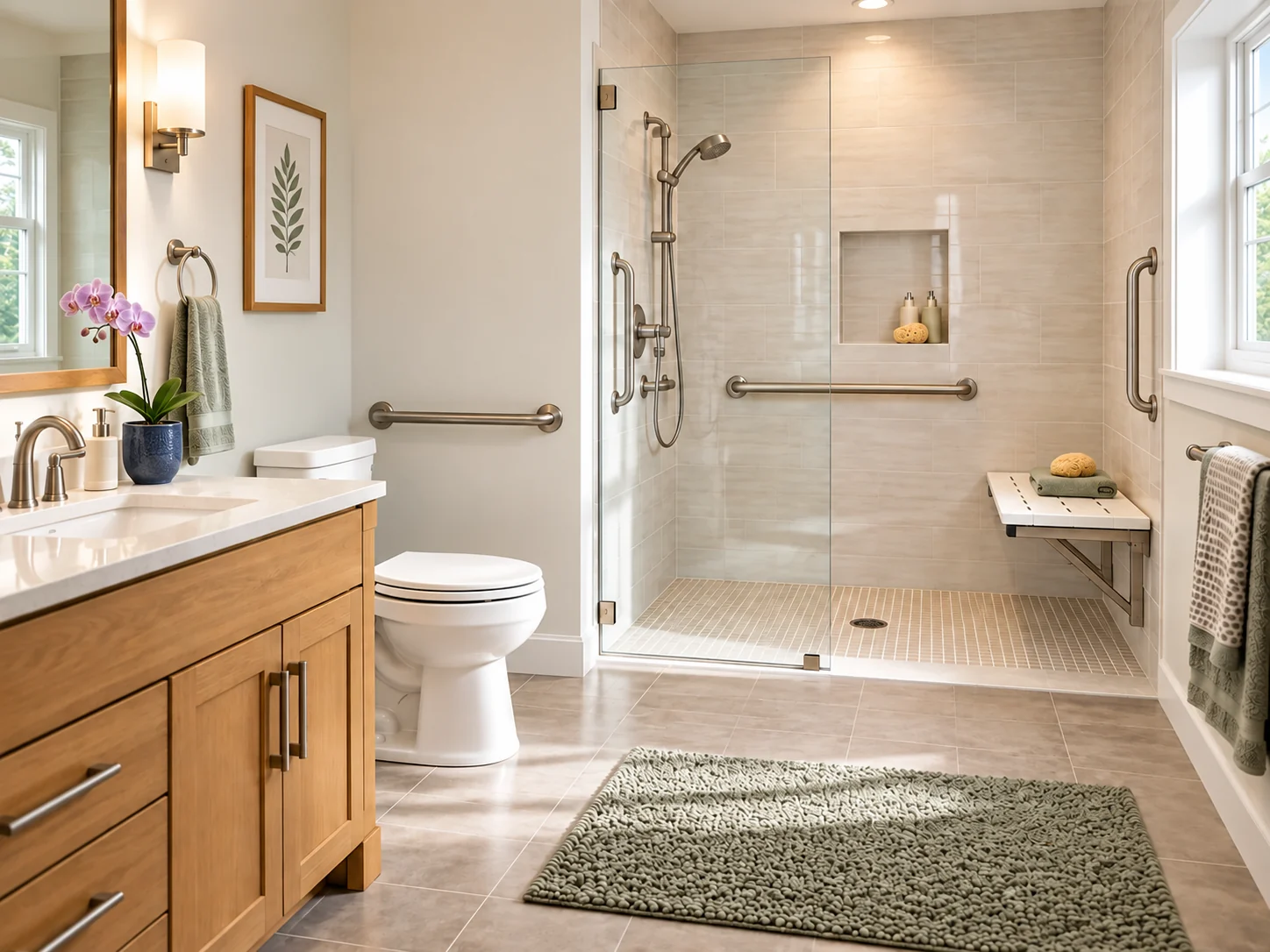 Bathroom with grab bars, a shower seat and clear surfaces around the sink and toilet