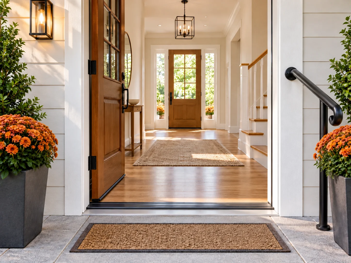 Open entrance with a low threshold, an exterior handrail and flower planters