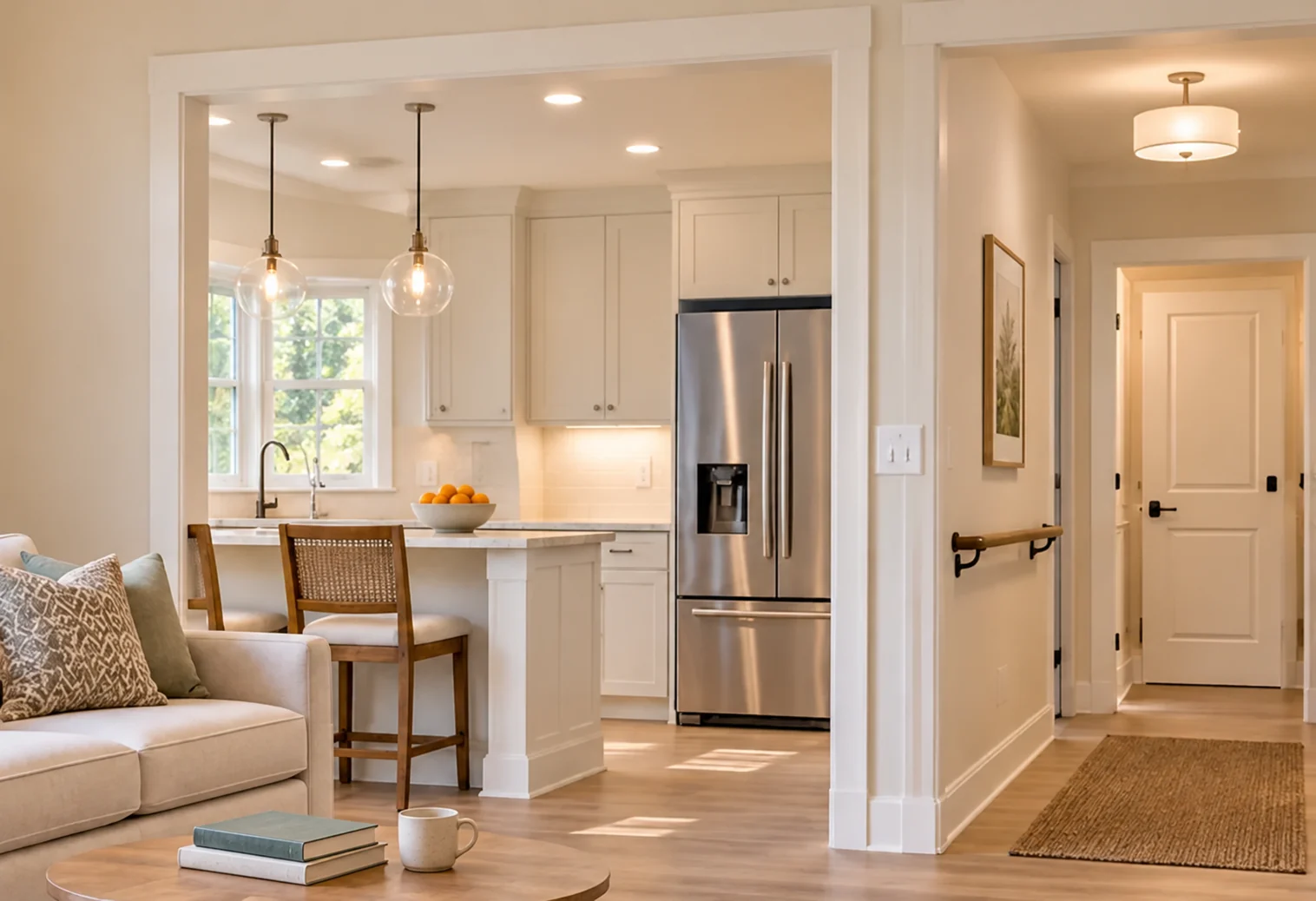 Kitchen with clear counters and an open route toward the dining area and hallway